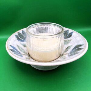 VTG Signed Studio Pottery Candle Dish 2000 Blue Floral Hand Painted Stoneware